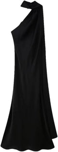 Women Solid Streamer Neck Sleeveless Long Dress Female Slim Party Floor-Length Dresses