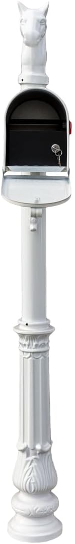 LMPST-E1-LKIT-701-WHT Lewiston Rust Free Cast Aluminum Locking Mailbox System with Economy Mailbox, Post, Decorative Horsehead Finial & Ornate Base, White