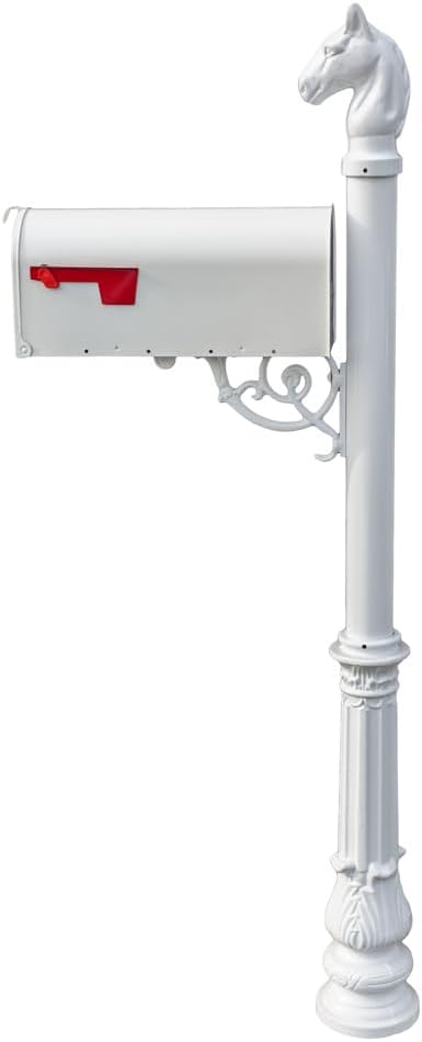 LMPST-E1-LKIT-701-WHT Lewiston Rust Free Cast Aluminum Locking Mailbox System with Economy Mailbox, Post, Decorative Horsehead Finial & Ornate Base, White