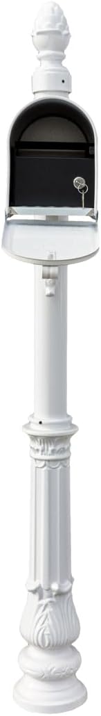 LMPST-E1-LKIT-703-WHT Lewiston Rust Free Cast Aluminum Locking System with Economy Mailbox, Post, Decorative Pineapple Finial and Ornate Base, White
