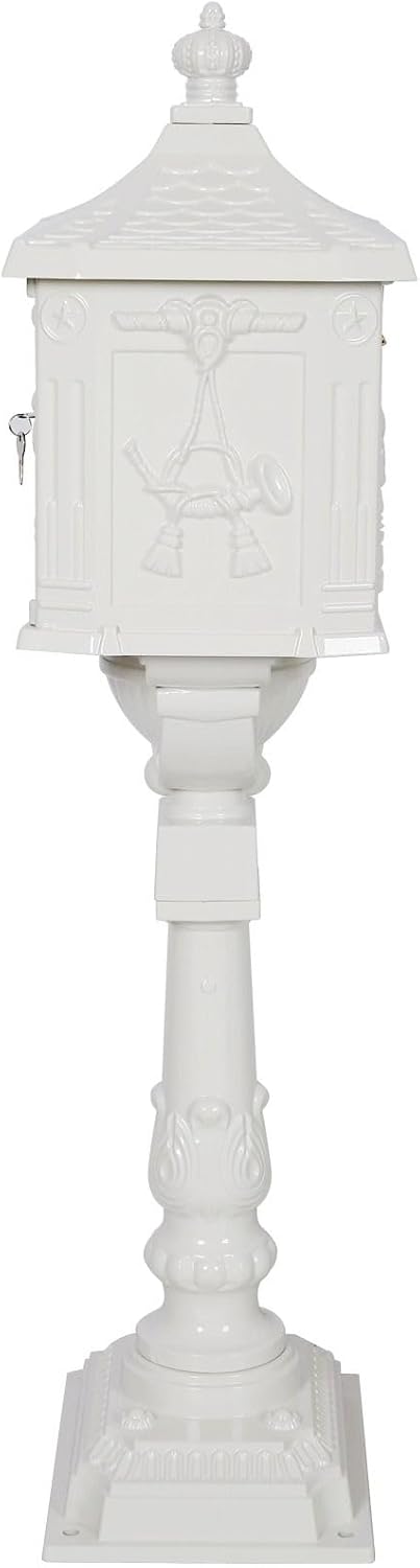 Cast Aluminum Post Mount Mailbox, Heavy Duty Courtyard Villa Decoration Vertical Security Postal Mailbox, White