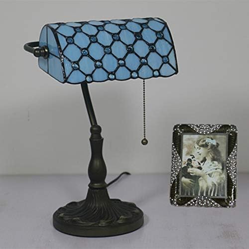 LITFAD Vintage Beads Table Light Art Glass 1 Light Blue Banker Lamp Bedside Table Lamp LED Desk Lamp Reading Light for Restaurant Bedroom Hotel Office
