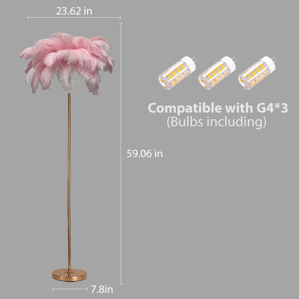ZYLEIESENBAO Pink Feather Lamp Romantic Ostrich Feather Floor Lamp 3*G9bulbs Nordic Fluffy Standing Lamp for Creative Reading Lamp for Living Room Girl Bedroom Entryway Wedding Valentines Dating Gift