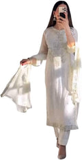 Hans craft Women's Georgette Embroidery Sequence Work with Rivet Moti Work Straight Kurti With Pant and Dupatta Set