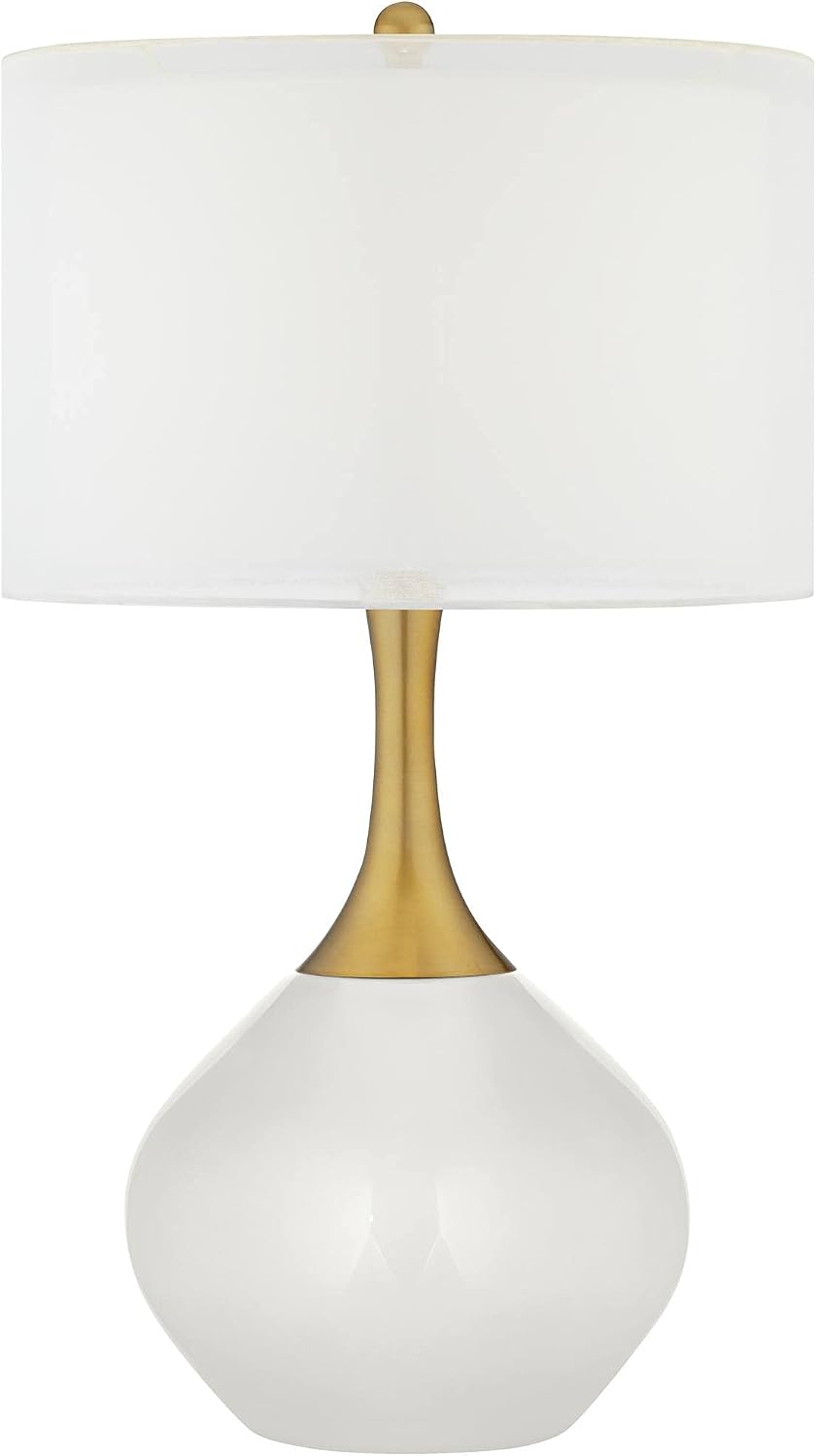 Color + Plus Nickki 30 1/2' Tall Large Mid Century Modern Glass End Table Lamp Winter White Gold Brass Finish Metal Base Single White Shade Living Room Bedroom Bedside Nightstand House Office