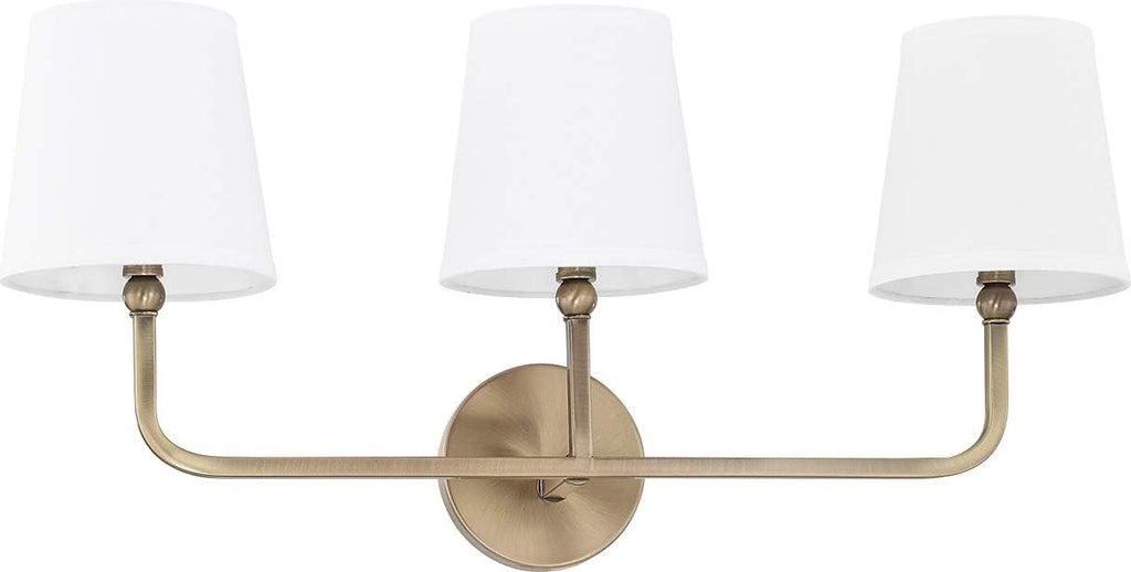 Capital Lighting 119331AD-674 Dawson Decorative White Fabric Stay-Straight Shade Bath Vanity Wall Mount, 3-Light 180 Total Watts, 12' H x 26' W, Aged Brass