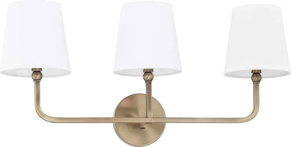 Capital Lighting 119331AD-674 Dawson Decorative White Fabric Stay-Straight Shade Bath Vanity Wall Mount, 3-Light 180 Total Watts, 12' H x 26' W, Aged Brass
