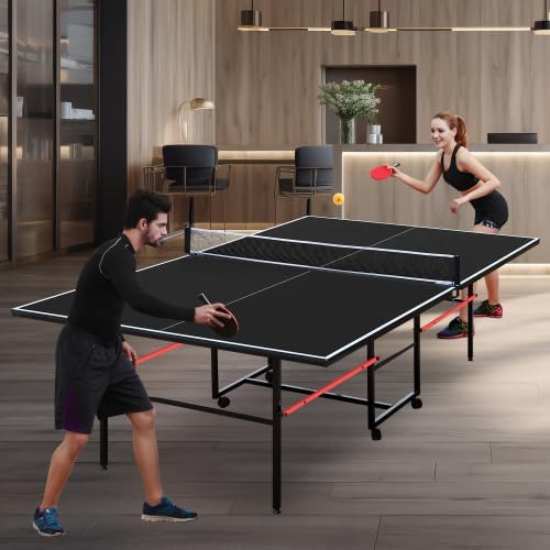 9×5 FT Black Professional Indoor/Outdoor Foldable Ping Pong Table with Waterproof Net for Adults/Teens,2 Paddles and 3 Balls- Single Player Playback Mode -Quick Assembly