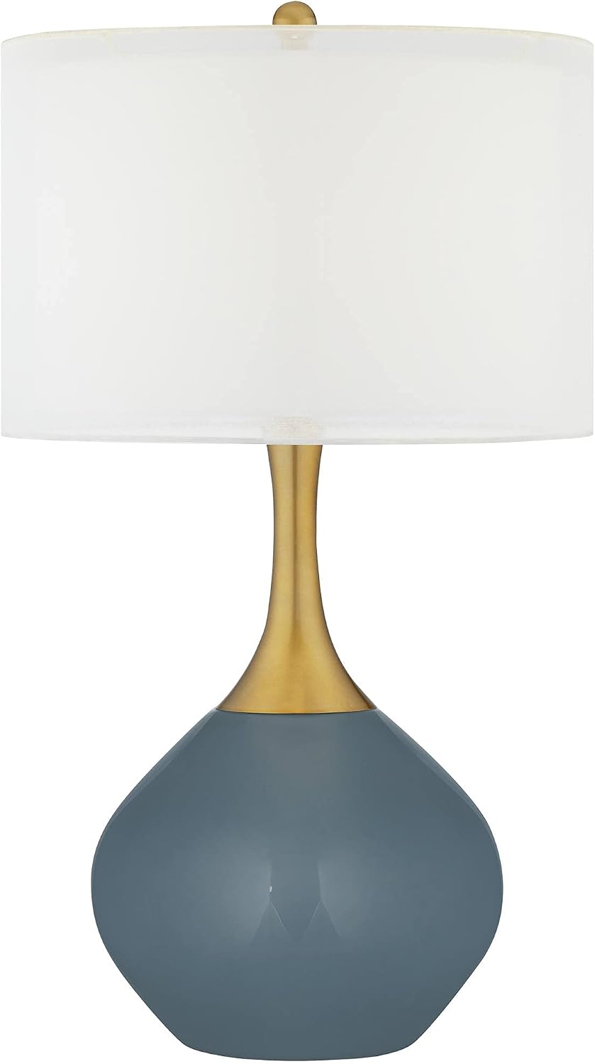 Color + Plus Nickki 30 1/2' Tall Large Mid Century Modern Coastal End Table Lamp Smoky Blue Gold Brass Finish Glass Metal Single White Shade Living Room Bedroom Bedside Nightstand House Office Home