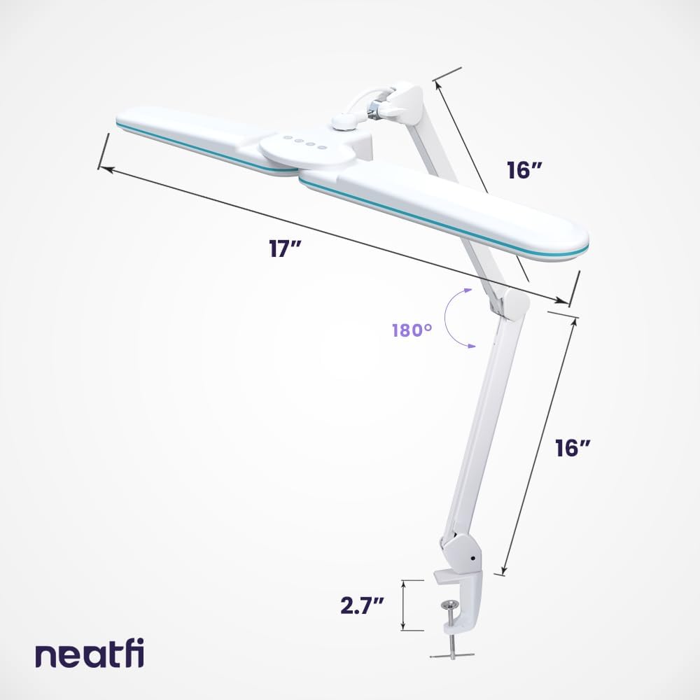 Neatfi Elite HD XL LED Desk Lamp | 3 Light Modes | Non-Polar Dimming | Eye-Caring Desk Light for Home Office, Drafting, Beauty Shop, Workbench (Blue Ring, CCT with Clamp)