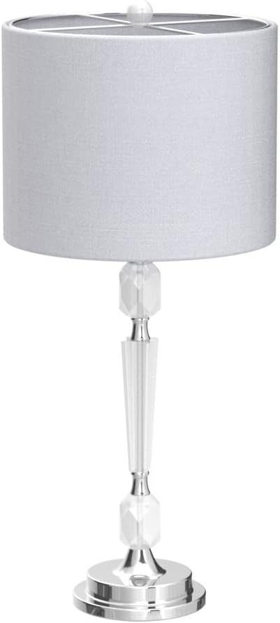 JONATHAN Y 27' Clear Crystal LED Table Lamp Set of 2, Modern Glam Candlestick Bedside Lamps for Living Room Bedroom, Chrome, White Linen Drum Shade, LED Bulbs Included JYL2047A-SET2