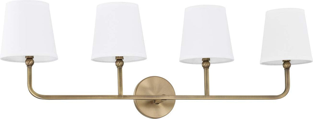 Capital Lighting 119341AD-674 Dawson Decorative White Fabric Stay-Straight Shade Bath Vanity Wall Mount, 4-Light 240 Total Watts, 12' H x 35' W, Aged Brass