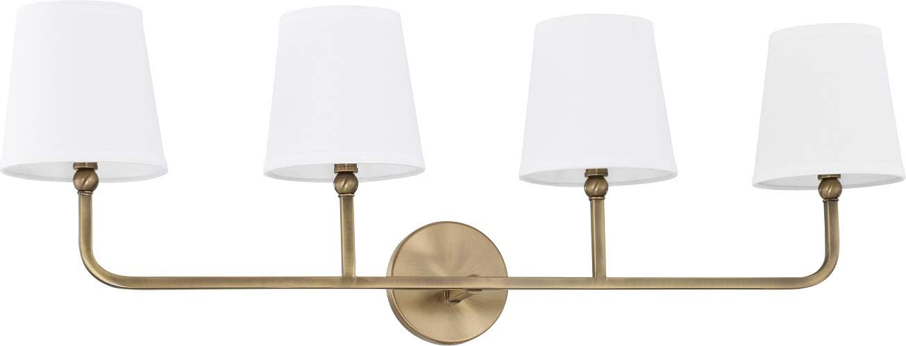 Capital Lighting 119341AD-674 Dawson Decorative White Fabric Stay-Straight Shade Bath Vanity Wall Mount, 4-Light 240 Total Watts, 12' H x 35' W, Aged Brass