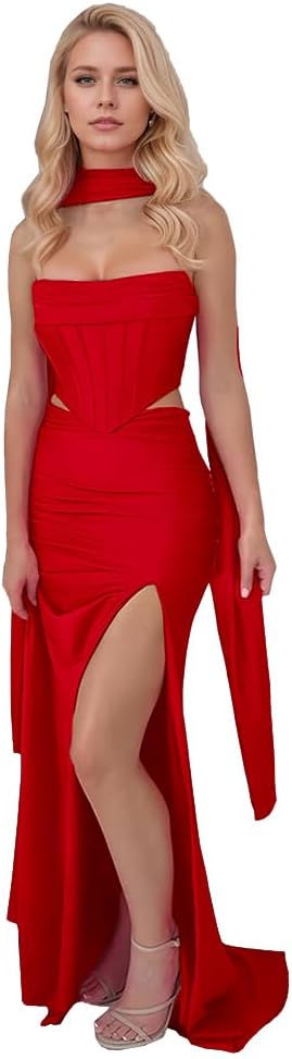 Strapless Mermaid Prom Dresses Long Sleeveless Satin Cutout Pleated Sheath Split Formal Dresses Evening Party Gowns