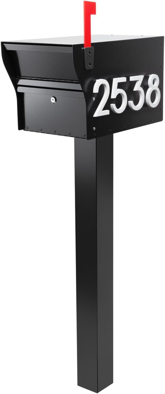 Whitehall MailVault Streetside Locking Mailbox with Standard Post and Personalizable Stand-Off Numbers – Steel, Secure Weather Resistant Modern Square Mailbox & Post (Black/White)