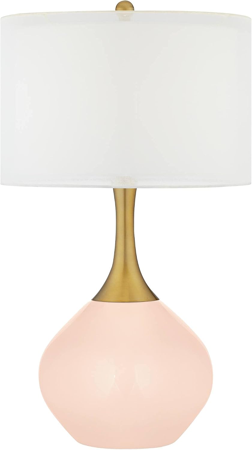 Color + Plus Nickki 30 1/2' Tall Large Teardrop Mid Century Modern End Table Lamp Linen Pink Brass Finish Glass Single White Shade Living Room Bedroom Bedside Nightstand House Office Home Reading