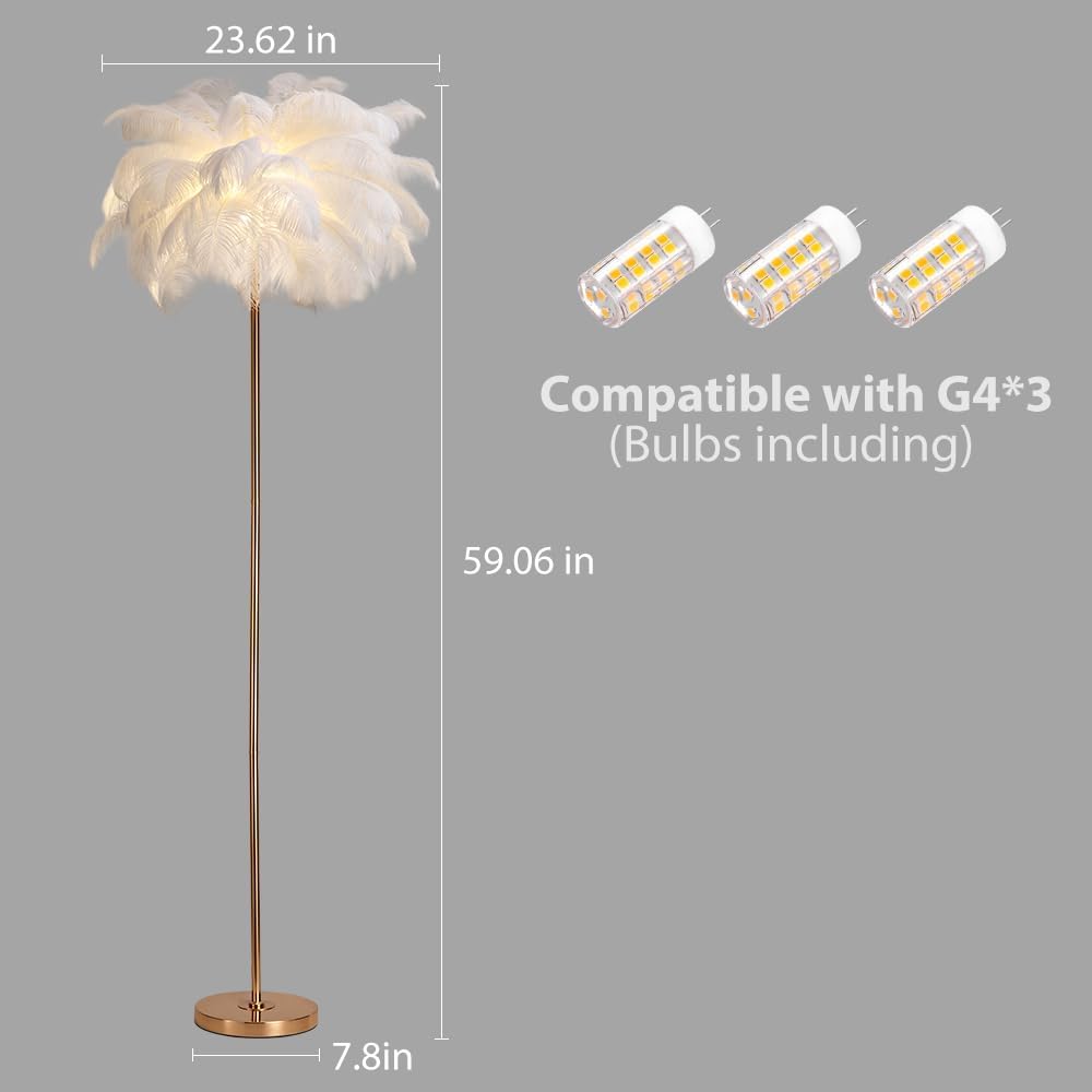 ZYLEISENBAO Chic White Feather Lamp Nordic Ostrich Floor Lamp Girl Furry Standing Lamp 3*G9 Modern Princess Bedside Reading Lamp for Bedroom Living Room Entry Wedding Birthday Gift