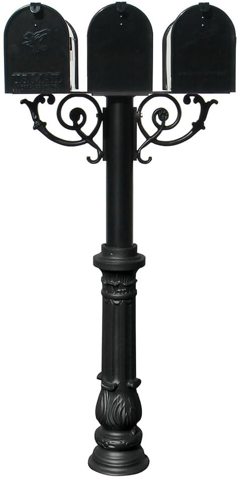 The Hanford Cast Aluminum Triple Mailbox Post System with Ornate Base, 3 E1 Mailboxes, Mounting Brackets and Scroll Supports, Ships in 2 boxes