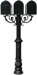 The Hanford Cast Aluminum Triple Mailbox Post System with Ornate Base, 3 E1 Mailboxes, Mounting Brackets and Scroll Supports, Ships in 2 boxes