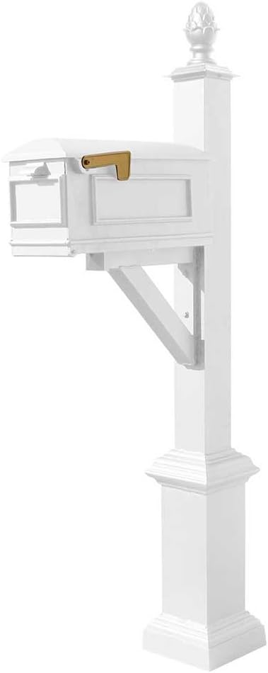 WPD-SB1-S3-LMC-WHT Westhaven Cast Aluminum Post Mount Mailbox System with Lewiston Mailbox, Square Base and Pineapple Finial, Ships in 2 Boxes, White