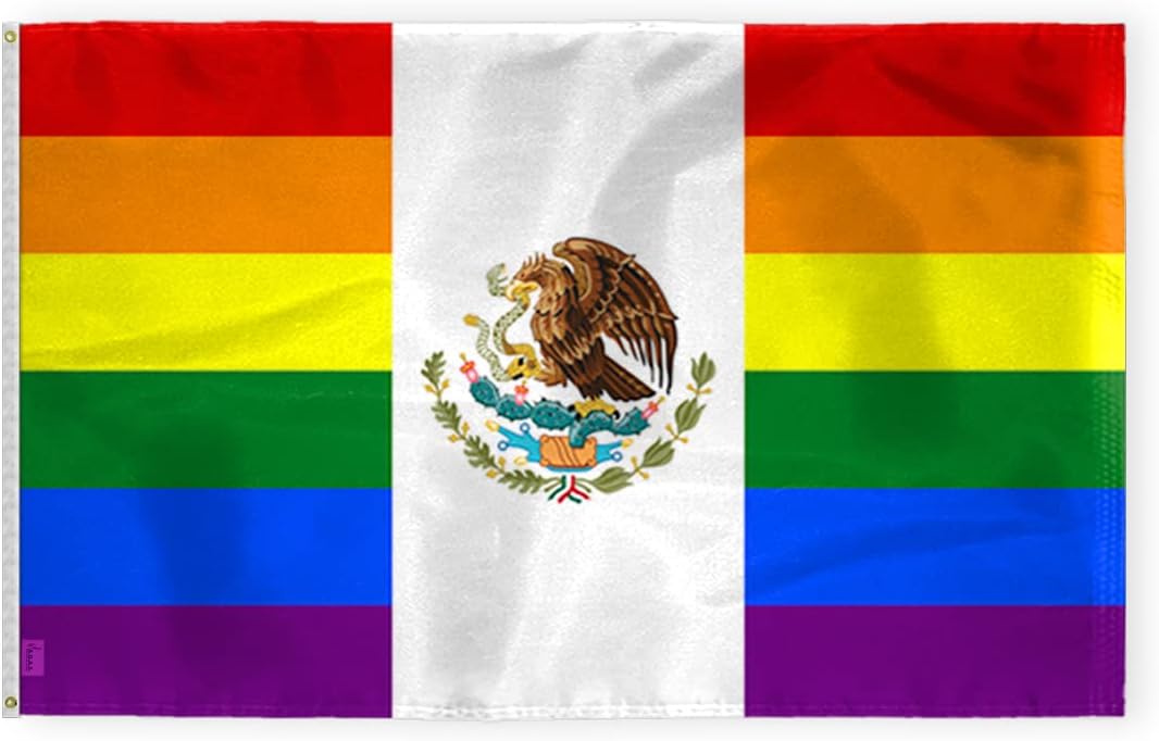 AGAS Large Mexico Mx Rainbow PrideFlag 6x10 Ft - Printed 200D Nylon - Brass Grommets Stitched Edges - Mexico Pride Banner for Indoor/Outdoor
