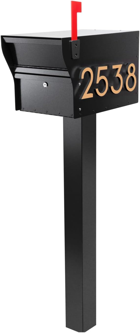 Whitehall MailVault Streetside Locking Mailbox with Standard Post and Personalizable Stand-Off Numbers – Steel, Secure Weather Resistant Modern Square Mailbox & Post (Black/Gold)