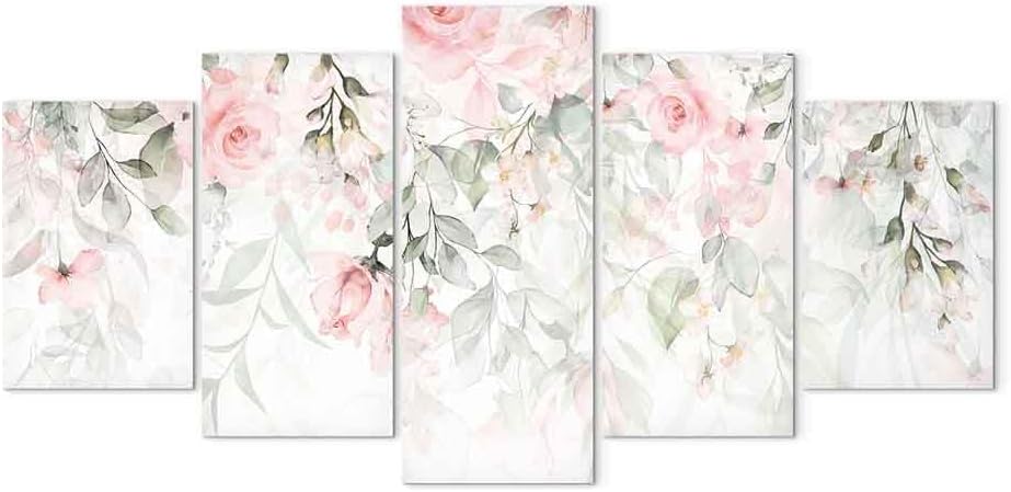 artgeist Acoustic Canvas Wall Art Flowers 40x20 in - 5pcs Picture with Acoustic Foam Sound Print Artwork Room Acoustics Soundproofing - Leaves Rose Nature rosa Green Plants Watercolor b-A-0697-b-n