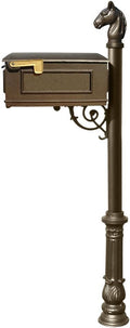 Lewiston Cast Aluminum Post Mount Mailbox System with Post, Aluminum Mailbox, Ornate Base and Horsehead Finial, Bronze, Ships in 2 boxes