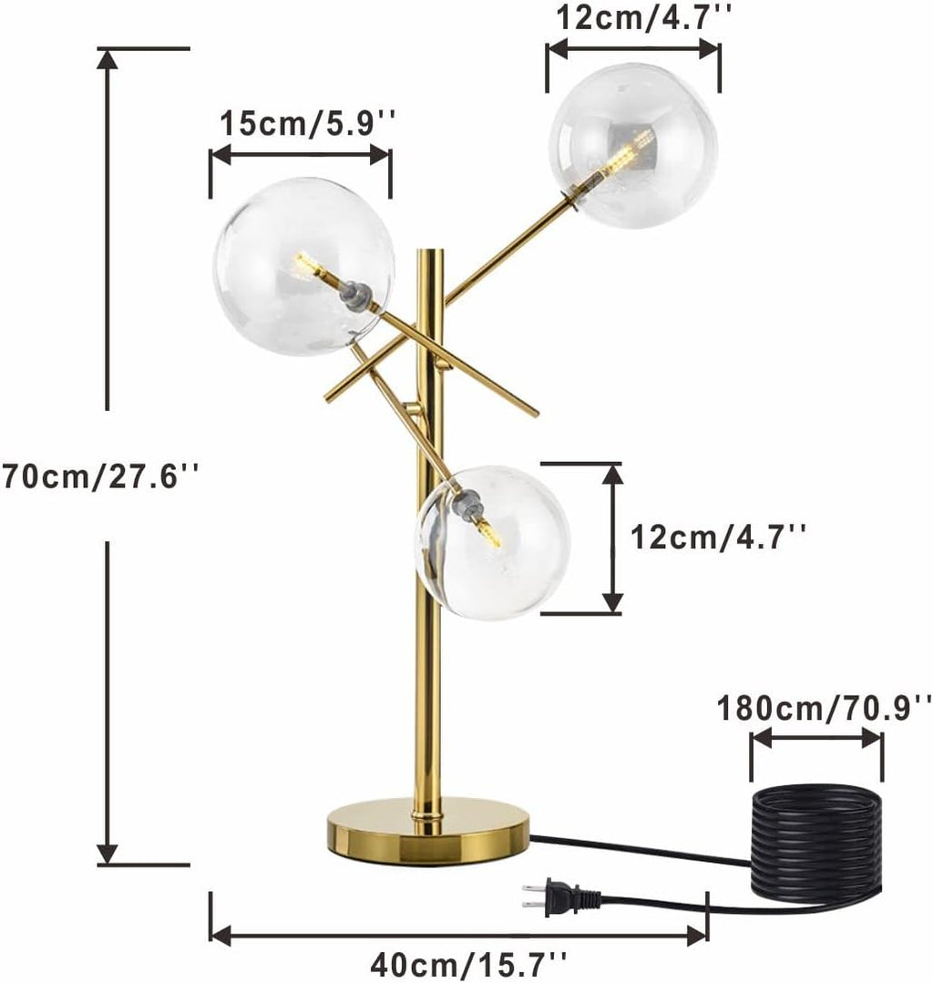 KCO Lighting Modern Gold Table Lamp 3-Light Glass Globe Night Lamp Mid Century Antique Brass Indoor Bubble Shade Standing Lighting Metal Desk Light for Bedroom Study Room Hotel