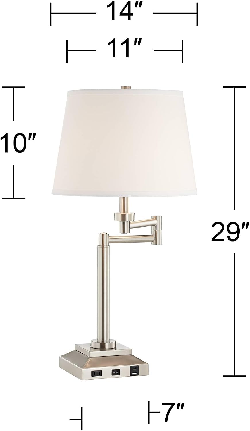 360 Lighting Camber 29' Tall Modern Swing Arm Hotel Style Desk Table Lamp with USB Charging Ports A+C and AC Power Outlet in Base Brushed Nickel Linen Shade Living Room Bedroom House Bedside Reading