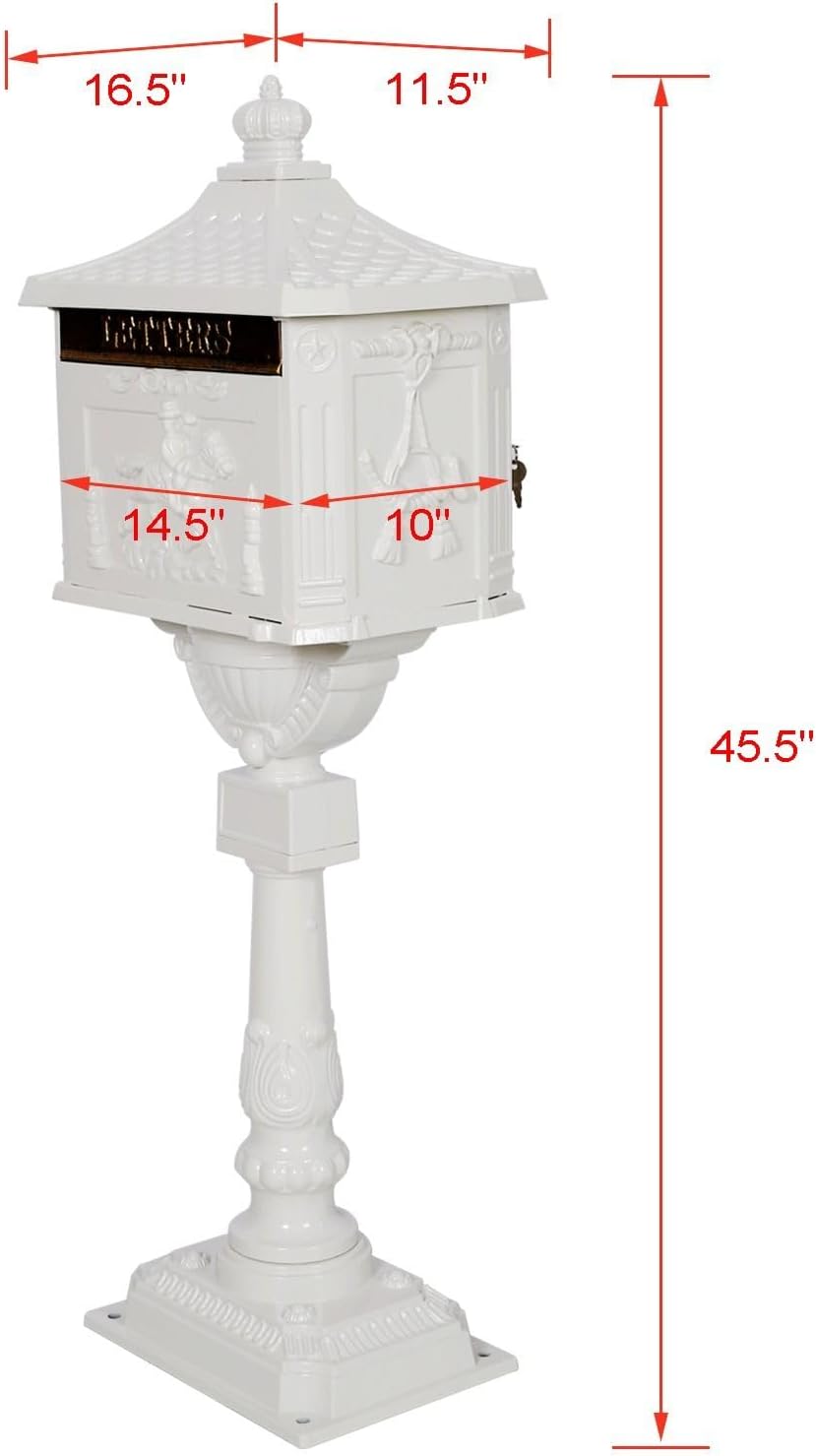 Cast Aluminum Post Mount Mailbox, Heavy Duty Courtyard Villa Decoration Vertical Security Postal Mailbox, White