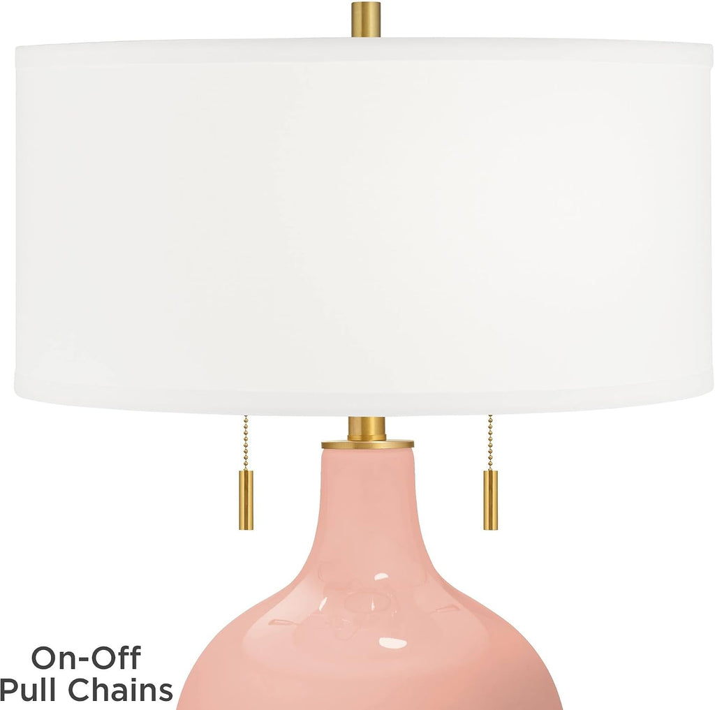Color + Plus Toby 28' Tall Modern Table Lamp Pull Chain Mellow Coral Pink Brass Finish Glass Single Fabric White Shade Living Room Bedroom Bedside Nightstand House Office Home Reading Kitchen