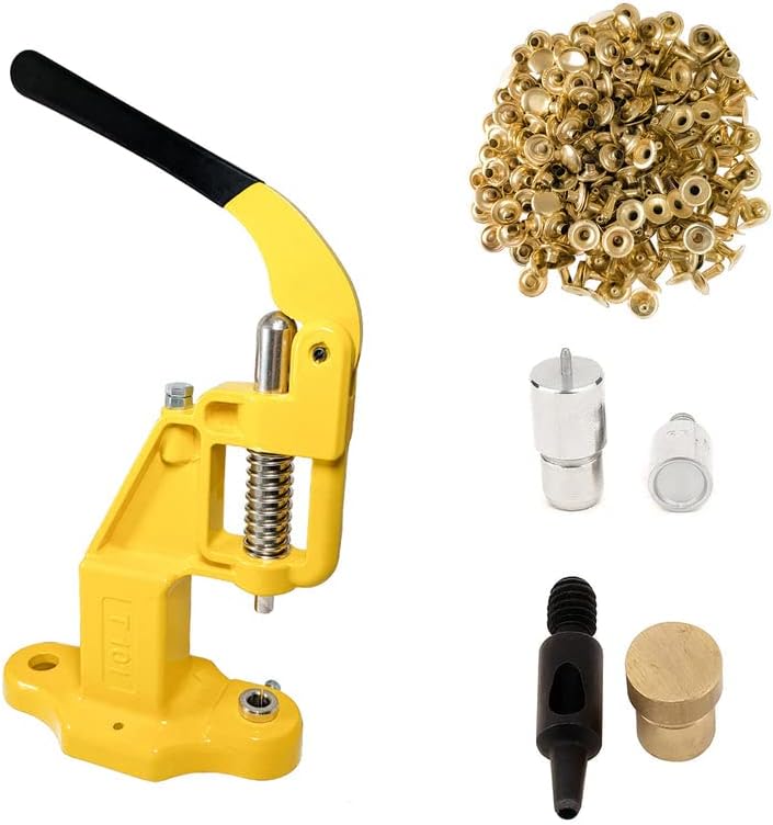 9mm Rivets Kit (1000 Sets) with Hand Press Machine, Dies and Hole Punch. Leather Rivets Single Round Cap Metal Stud Fasteners for Bag Belt Wallet Jeans(Yellow Press& Gold Rivets)