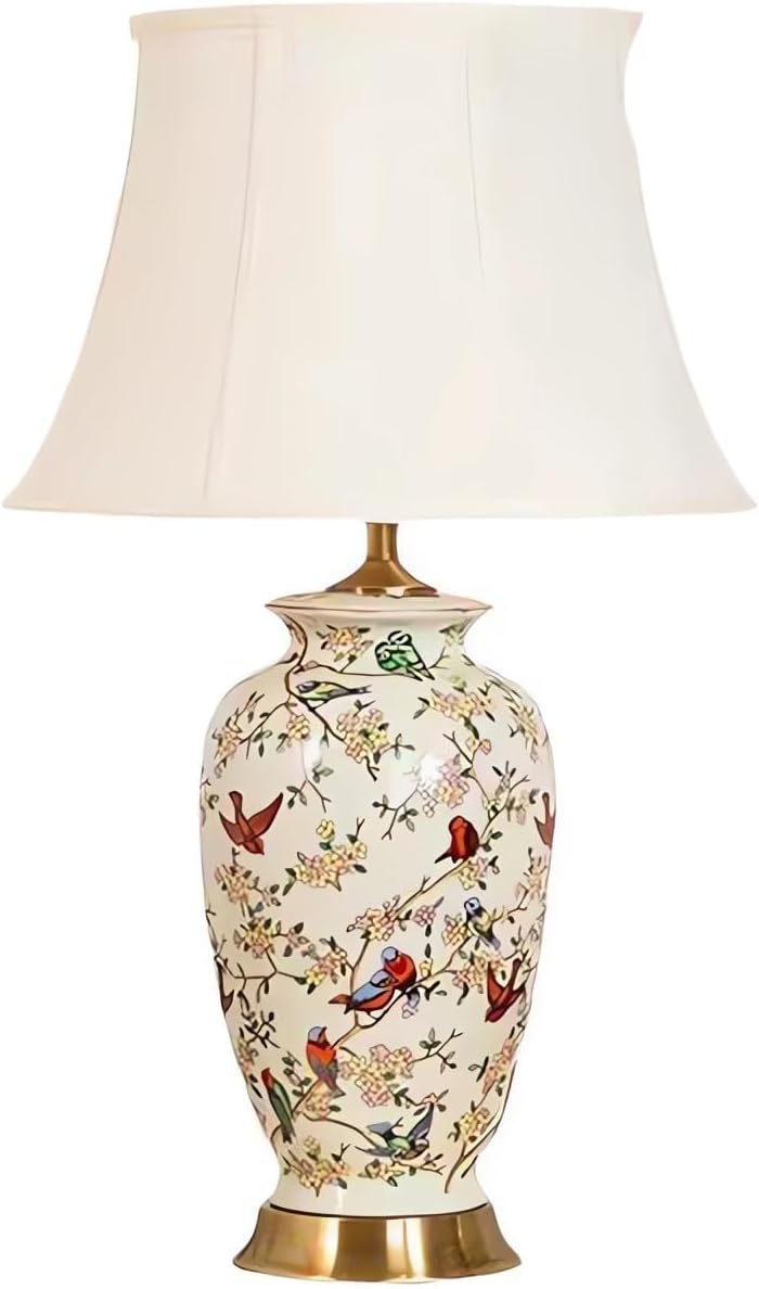 White 27' Flower and Bird Ceramics Table Lamp Chinoiserie Desk Lamp,Fabric Drum Shade,Gold Base, Tall Table Lamp Decor for Living Room Bedroom Bedside Office College Bookcase