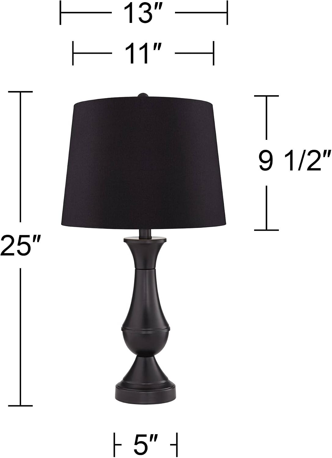 Regency Hill Traditional Table Lamps 25' Tall Set of 2 with USB Charging Port Bronze Metal LED Touch On Off Black Faux Silk Drum Shade for Bedroom Living Room House Home Desk Bedside Office