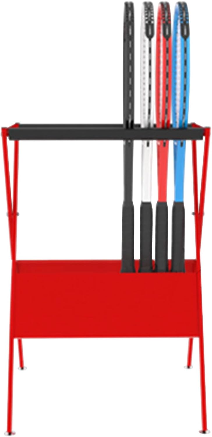Commercial Gym Exercise Ball Holder Red Tennis Racket Storage Organizer, Floor-Standing Tennis Training Equipment for Youth Kids, Indoor Backyar Display Stand