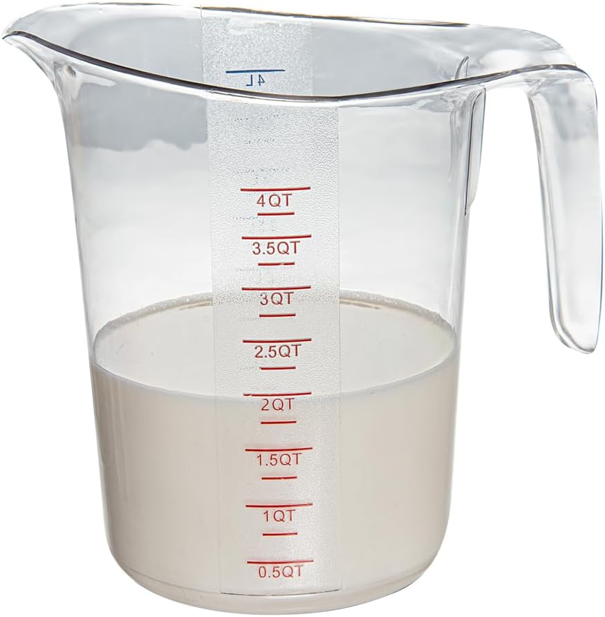 Restaurantware RW Base 4 Quart Measuring Jars 10 Durable Measuring Beakers - Metric And Imperial Units V-Shaped Spout Clear Plastic Measuring Cups Handle With Thumb-Grip Tolerates Up To 248F