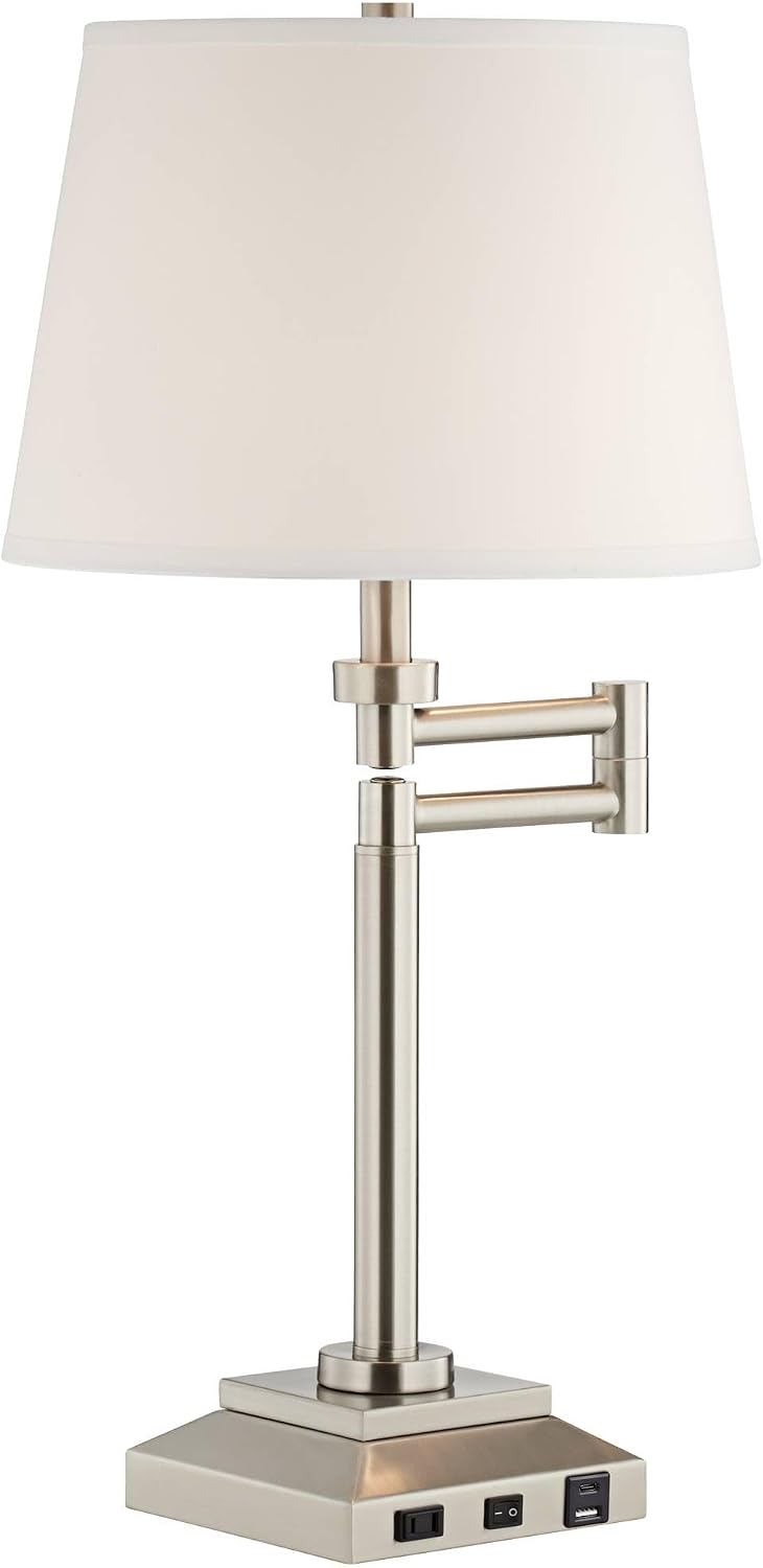360 Lighting Camber 29' Tall Modern Swing Arm Hotel Style Desk Table Lamp with USB Charging Ports A+C and AC Power Outlet in Base Brushed Nickel Linen Shade Living Room Bedroom House Bedside Reading