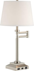 360 Lighting Camber 29' Tall Modern Swing Arm Hotel Style Desk Table Lamp with USB Charging Ports A+C and AC Power Outlet in Base Brushed Nickel Linen Shade Living Room Bedroom House Bedside Reading