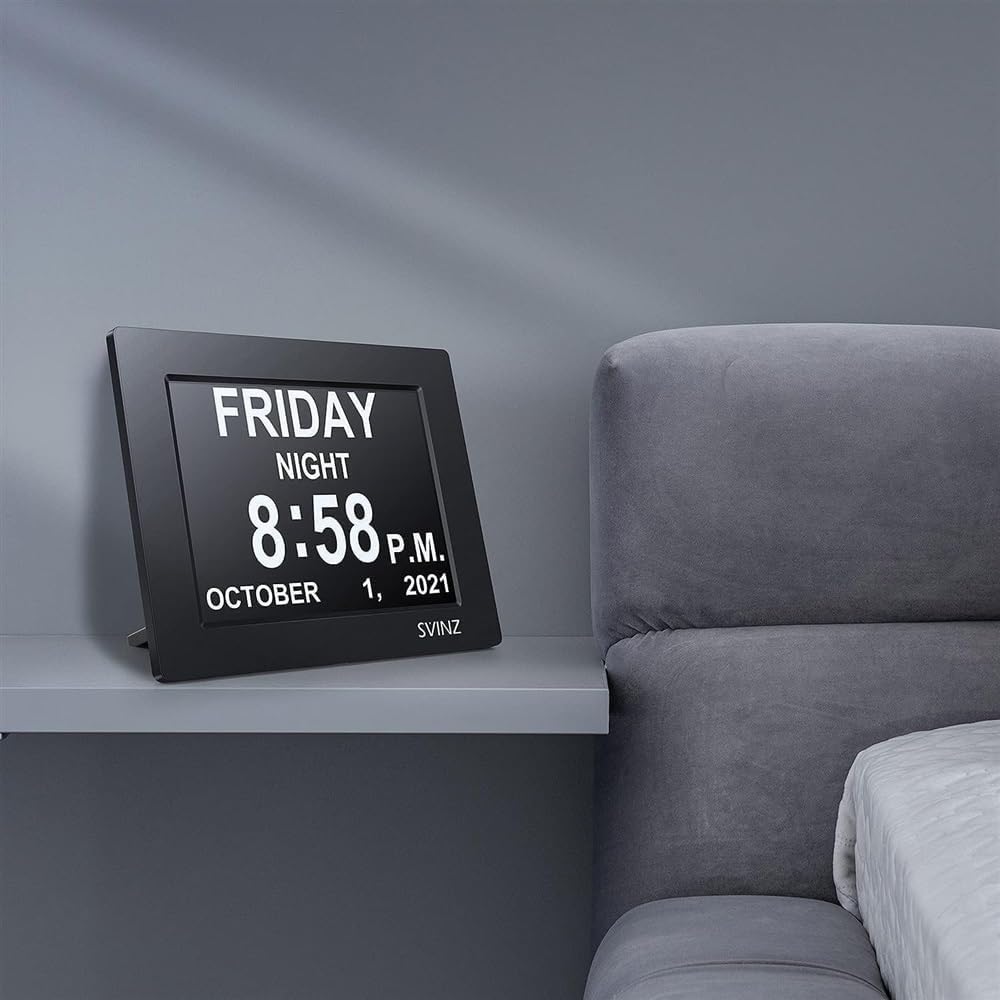 Dementia Clock,Remote Con Digital Calendar Day Alarm Clock,8 Alarms Dementia Clocks Extra Large Non-Abbreviated Alzheimer Memory Loss Vision Impaired Alarm Clock for Seniors Elderly ( Color : White ,