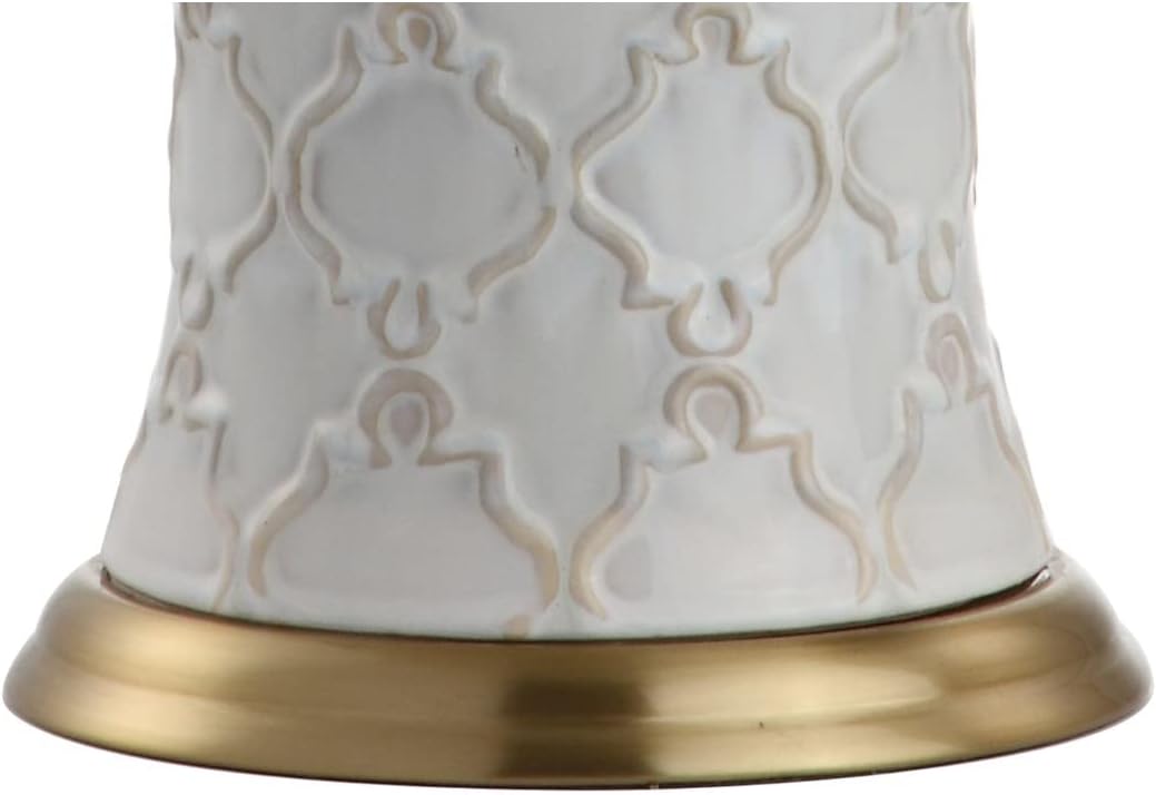 JONATHAN Y 29' Cream Textured Ceramic Table Lamp, Transitional Quatrefoil Trellis Design with White Linen Drum Shade and Brass Accents for Living Room, LED Bulb Included JYL4024A
