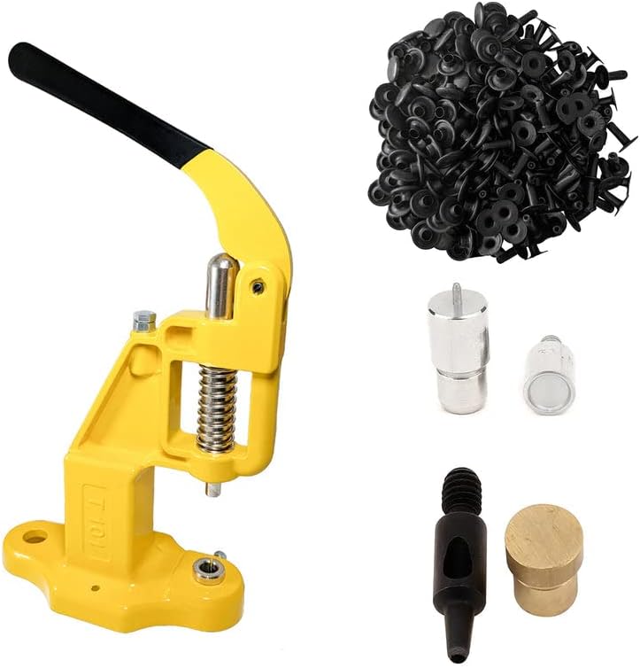 9mm Rivets Kit (1000 Sets) with Hand Press Machine, Dies and Hole Punch. Leather Rivets Single Round Cap Metal Stud Fasteners for Bag Belt Wallet Jeans(Yellow Press & Black Rivets)