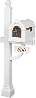 Gaines - Keystone Deluxe Post and Mailbox Package with Personalized Address Plaque and Decorative Cuff (White with Antique Bronze Eagle)