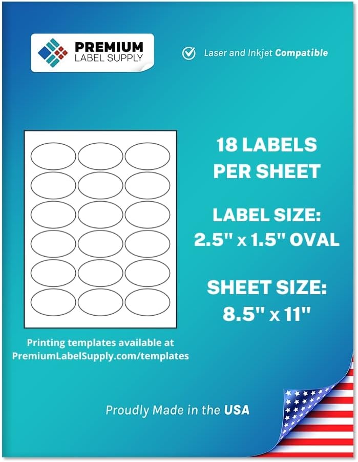 Premium Label Supply White Sticker Oval Labels – 2.5' x 1.5' Oval – Laser/Inkjet Compatible – (18 per Sheet), 1000 Sheets – 18,000 Total Adhesive Labels