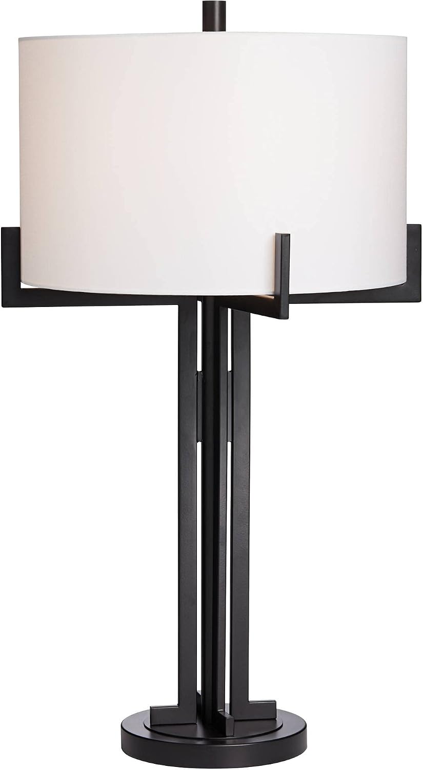 Franklin Iron Works Idira Modern Industrial Table Lamp with Dimmer and USB Charging Port 31 1/2' Tall Black Metal White Drum Shade Decor for Living Room Bedroom House Bedside Nightstand Home Office
