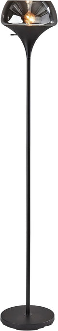 Adesso Black Torchiere Floor Lamp with Smoked Glass Dome Shade – 3-Way Adjustable Ambient Accent Lighting for Bedroom, Living Room or Home Office, 69.5' Tall