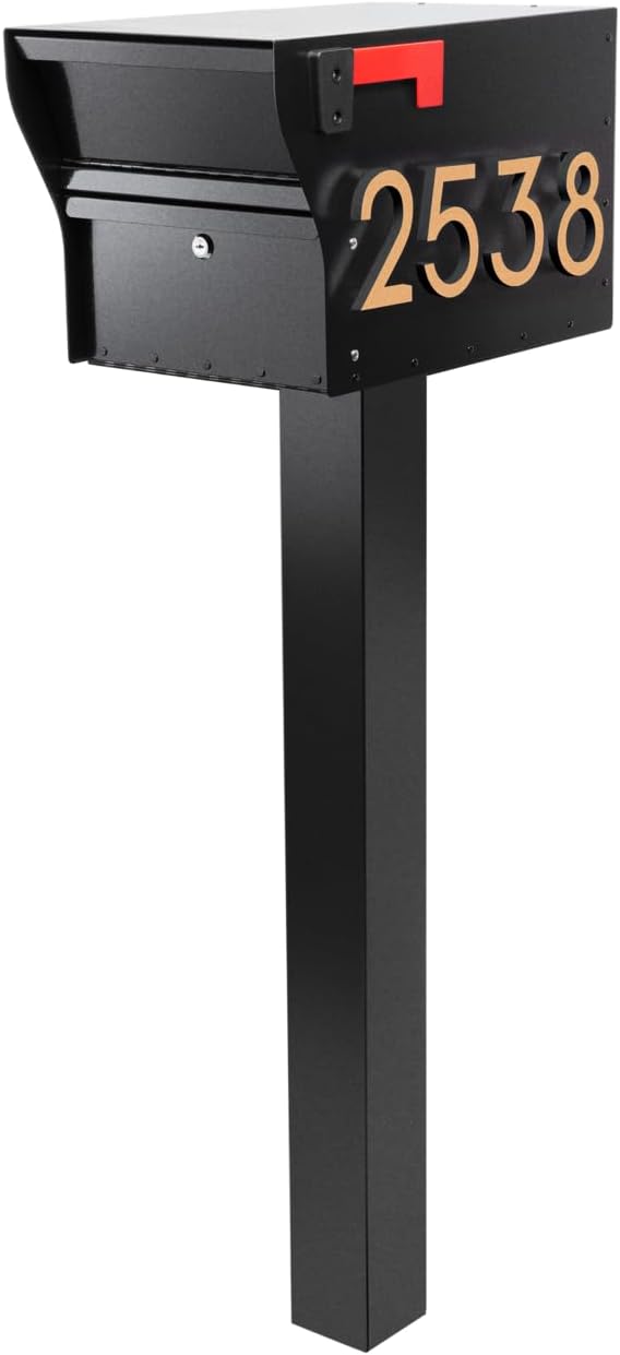 Whitehall MailVault Streetside Locking Mailbox with Standard Post and Personalizable Stand-Off Numbers – Steel, Secure Weather Resistant Modern Square Mailbox & Post (Black/Gold)