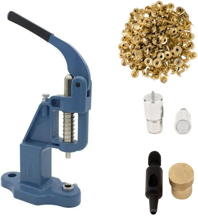 9mm Rivets Kit (1000 Sets) with Hand Press Machine, Dies and Hole Punch. Leather Rivets Single Round Cap Metal Stud Fasteners for Bag Belt Wallet Jeans(Blue Press& Gold Rivets)