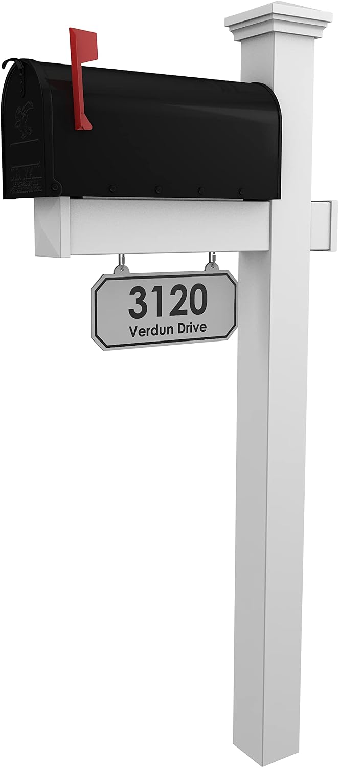 4Ever Products The Southport Vinyl Mailbox Post System - Includes Black Steel Mailbox and Custom Street Address