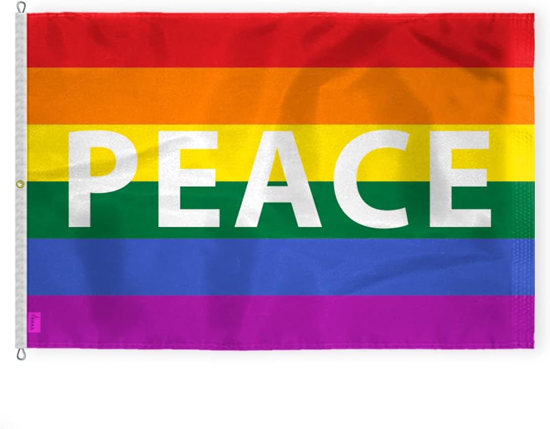 AGAS Large Rainbow Peace Pride Flag 8x12 Ft - Printed 200D Nylon - Rope Thimble Brass Grommet Stitched Edges Fade Proof Sharp Colors - Large Size Indoor/Outdoor Peace Pride flag